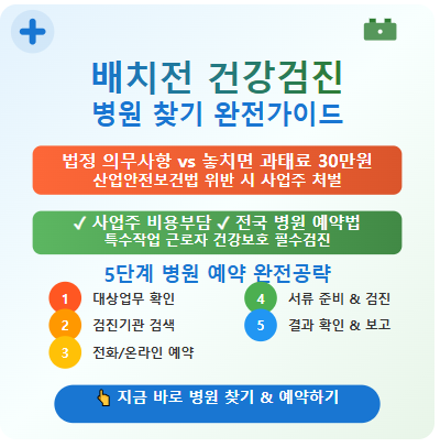 배치전 건강검진 병원 찾기, 비용 등 완전정리 - 의무 검진 vs 30만원 과태료, 놓치면 입사 무효! 🎯 1 배치전 건강검진 병원 찾기 비용 과태료